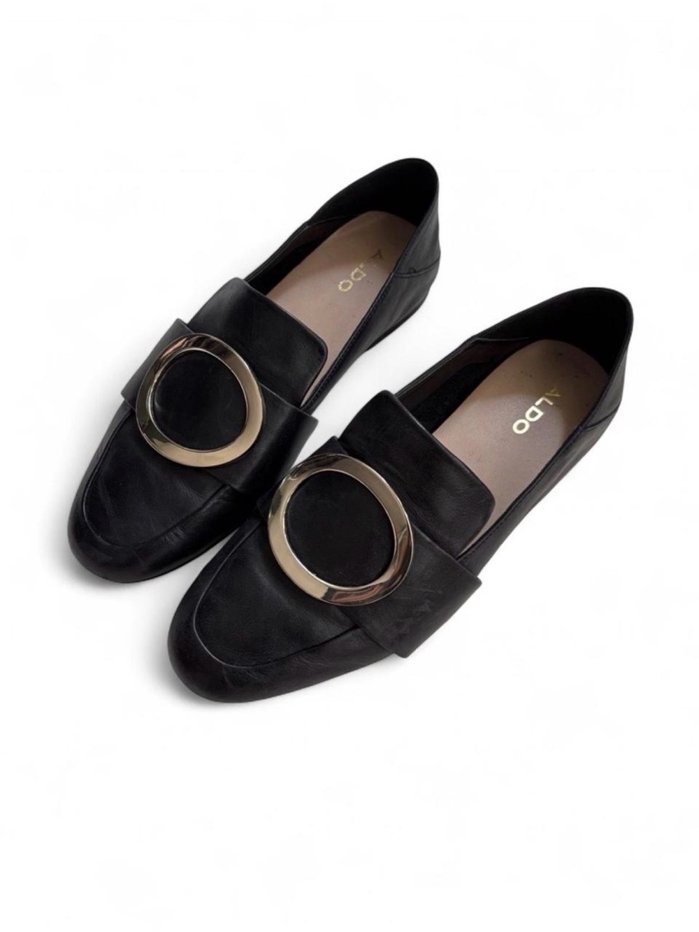 Aldo Leather Gold Buckle Black Loafers Size 6